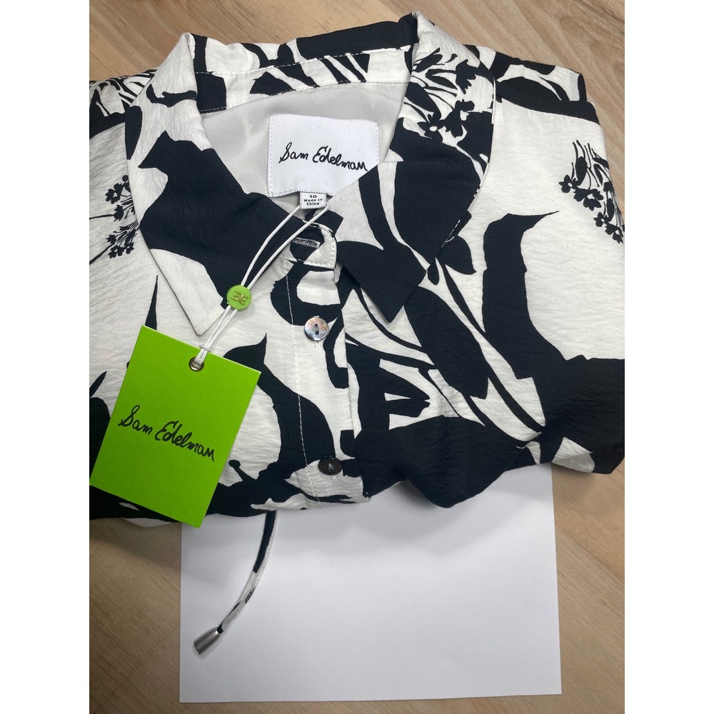 Sam Edelman NWT Floral Button Front Dress Black White Belted Size 10 - Picture 5 of 8